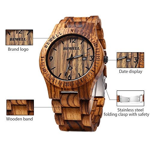 BEWELL W086B Mens Wooden Watch Analog Quartz Lightweight Handmade Wood Wrist Watch (Zebra Wood) - Image 4