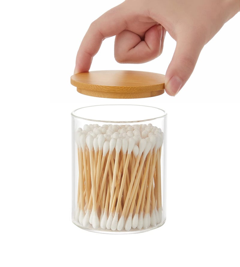 INIUNIK Glass Qtip Holder Dispenser with Bamboo Lid - 2 Pack Apothecary Jars - Cotton Balls Pads Swabs Holder Jar - Bathroom Vanity Canisters Jars for Countertop Storage and Organization - Image 4