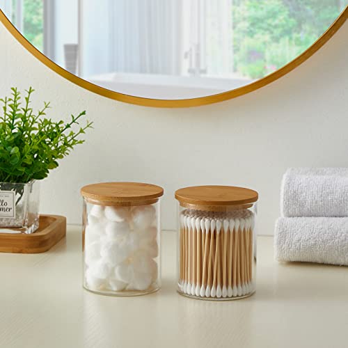 INIUNIK Glass Qtip Holder Dispenser with Bamboo Lid - 2 Pack Apothecary Jars - Cotton Balls Pads Swabs Holder Jar - Bathroom Vanity Canisters Jars for Countertop Storage and Organization - Image 2