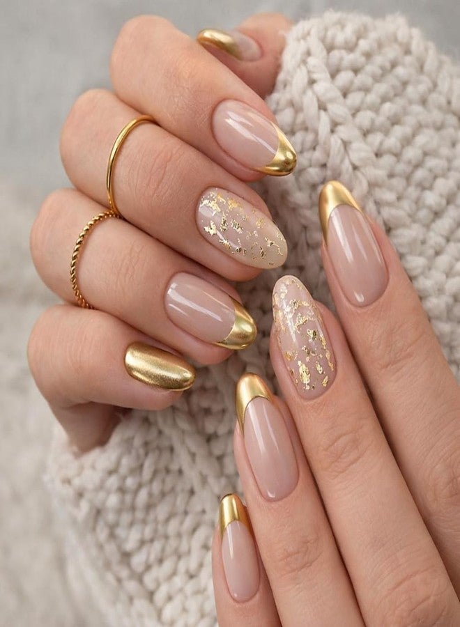 Erico Nude Pink Gold French Tip Press On Nails – Glossy Almond Shape Fake Nails with Gold Foil Design, Reusable Full Cover Stick On Nails for Women, 24 PCS - Image 1