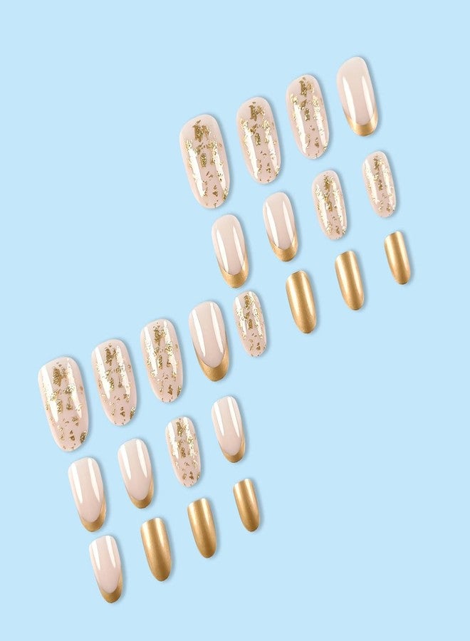Erico Nude Pink Gold French Tip Press On Nails – Glossy Almond Shape Fake Nails with Gold Foil Design, Reusable Full Cover Stick On Nails for Women, 24 PCS - Image 4