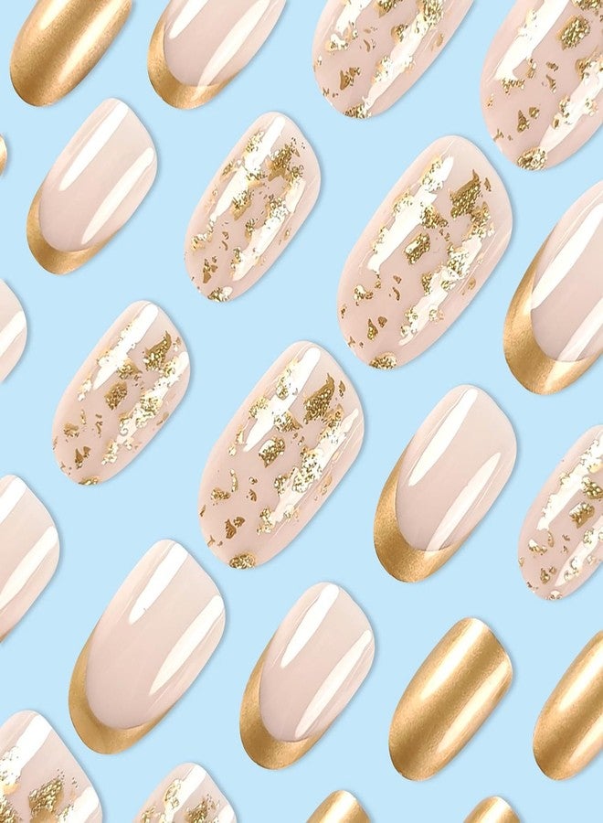 Erico Nude Pink Gold French Tip Press On Nails – Glossy Almond Shape Fake Nails with Gold Foil Design, Reusable Full Cover Stick On Nails for Women, 24 PCS - Image 3