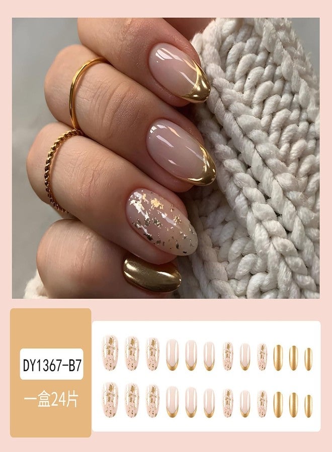 Erico Nude Pink Gold French Tip Press On Nails – Glossy Almond Shape Fake Nails with Gold Foil Design, Reusable Full Cover Stick On Nails for Women, 24 PCS - Image 2