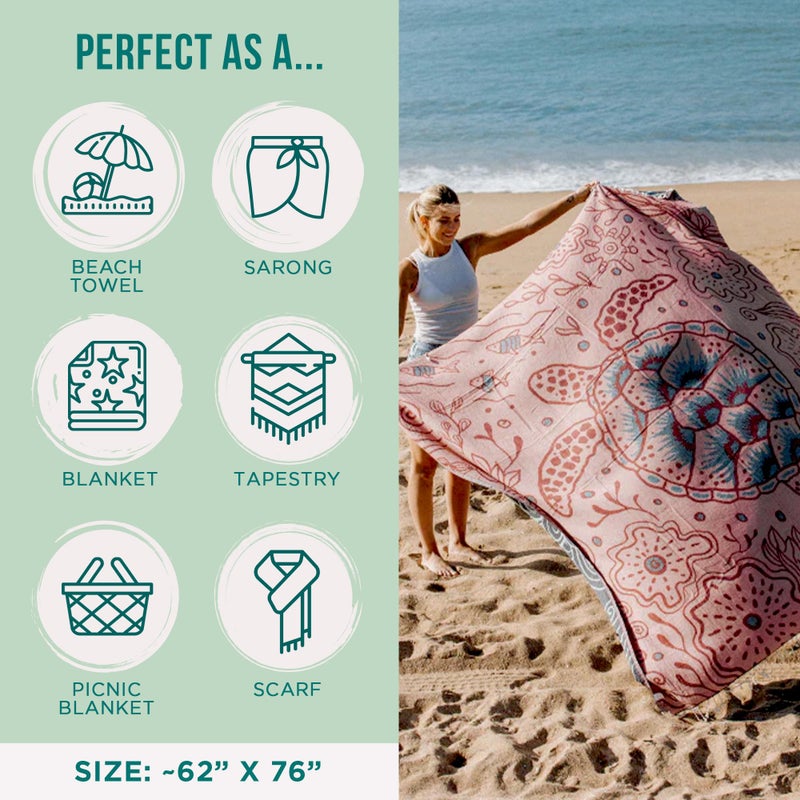 Sand Cloud Extra Large Turkish Beach Towel - Sand Free - 100% Organic Turkish Cotton Yarn - Quick Dry Towel for Beach, Picnic, Blanket or Bath - As Seen on Shark Tank - Marine Life (Boho Hawksbills) - Image 3