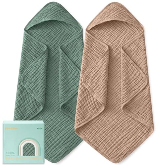 Yoofoss Hooded Baby Bath Towels 2 Pack - 100% Muslin Organic Cotton, Soft & Absorbent for Newborn, Babies, Toddlers, 32x32 Inch, Beige & Coffee