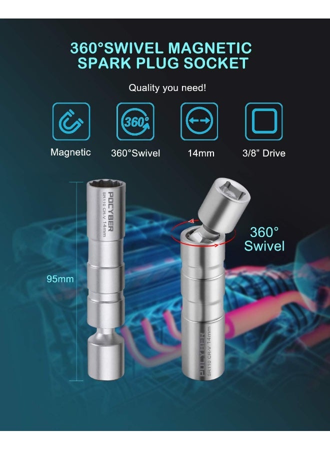 POCYBER POCYBER 14mm Swivel Spark Plug Socket 3/8" Drive Enhanced Magnetic 12 Point 9/16" Thin Wall Socket Spark Plug Removal Tool  - Image 2