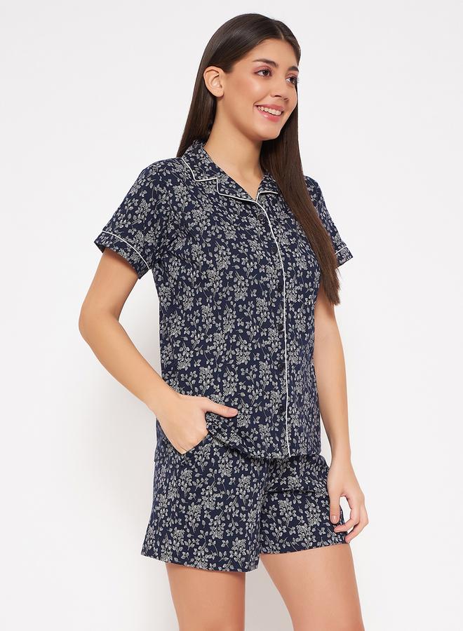 Clovia Floral Print Contrast Piped Shirt and Pocket Shorts Set - Image 5