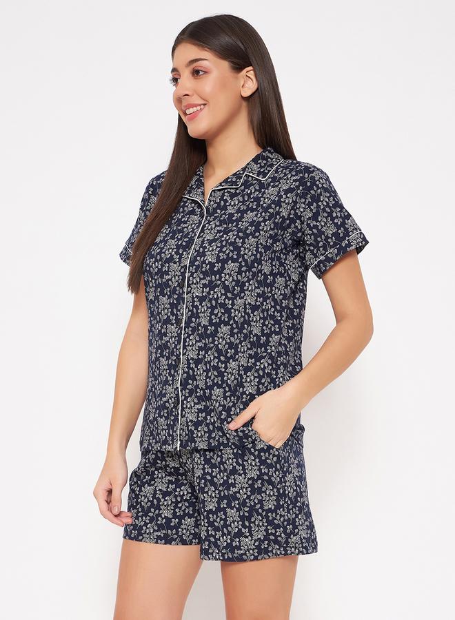 Clovia Floral Print Contrast Piped Shirt and Pocket Shorts Set - Image 4