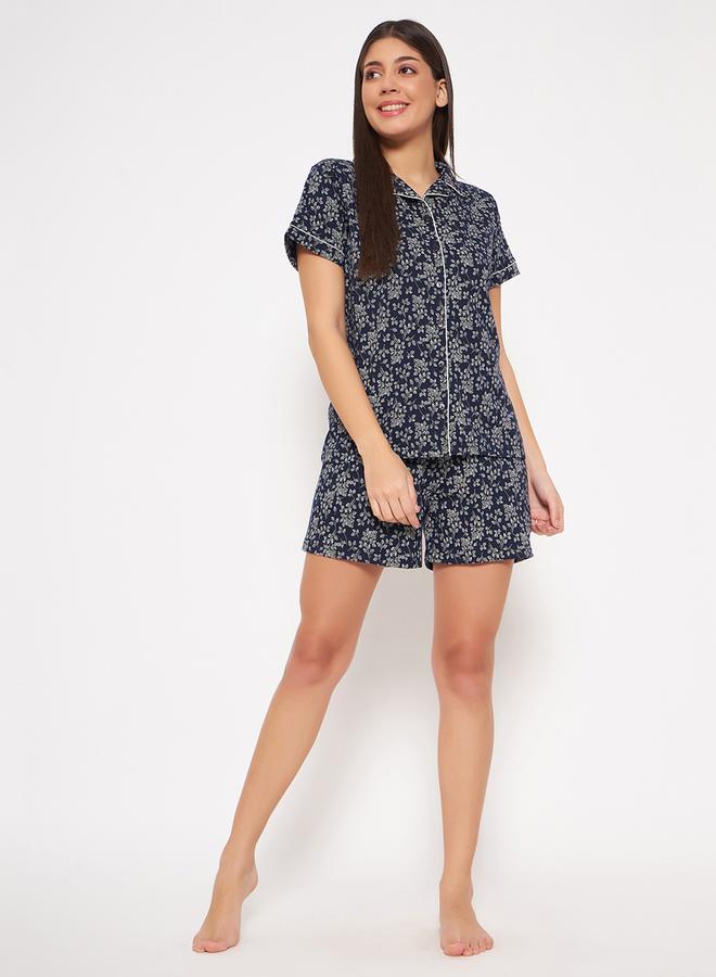 Clovia Floral Print Contrast Piped Shirt and Pocket Shorts Set - Image 2
