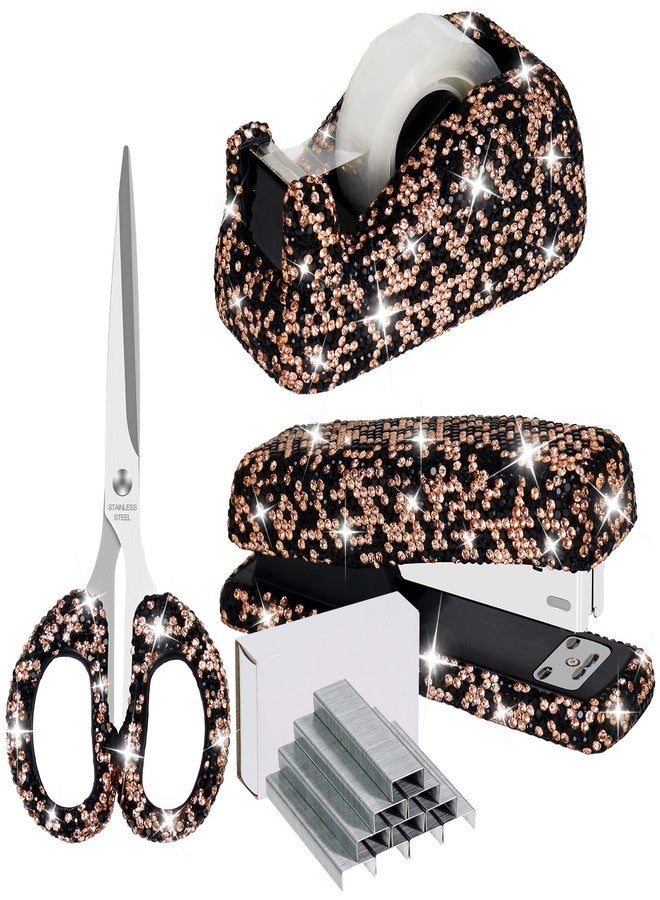 MultiBey 3pcs Bling Office Supplies Set Rhinestones Desktop Stapler and Tape Dispenser with 1000 Staples, Diamond Desktop Stapler and Bling Scissors Tape Cutter for Home School Office (Black) - Image 1