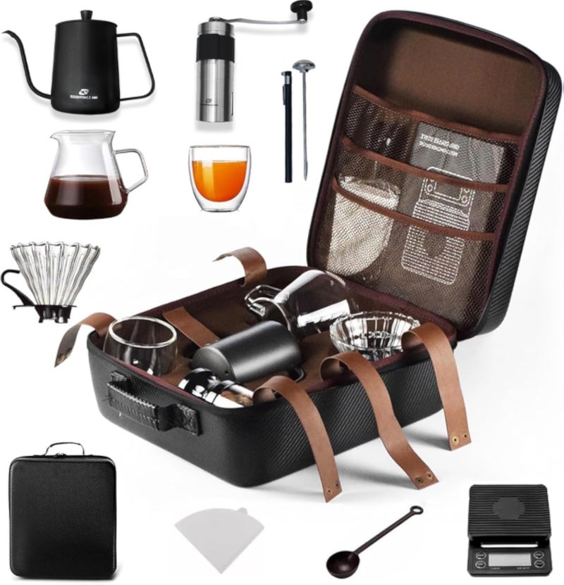 V60 Pour Over Coffee Maker Set - Portable Coffee Kit with V60 Kettle, Digital Scale, Double Walled Mug, Glass Server, Manual Grinder, Glass Dipper, 100 Paper Filters & Drip Coffee Scoop