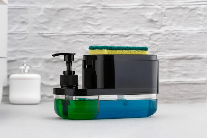 silver shark Plastic 3 in 1 Soap Pump Dispenser Dish Soap Liquid Dispenser Sponge Holder Dish Soap Pump Dispenser for Kitchen Sink Countertop Kitchen Bathroom, Blue - Image 2