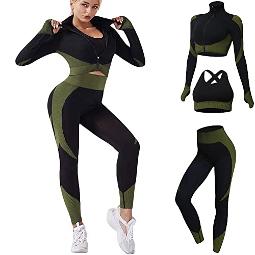 Veriliss 3pcs Seamless Workout Outfit Sets for Women, Gym Clothes Yoga Sportswear Leggings and Stretch Sports Bra Gym jumpsuits Clothes Set (BlackGreen, S) - Image 1