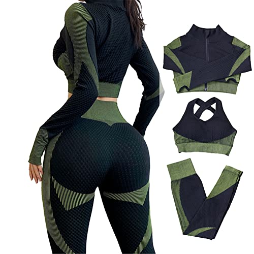 Veriliss 3pcs Seamless Workout Outfit Sets for Women, Gym Clothes Yoga Sportswear Leggings and Stretch Sports Bra Gym jumpsuits Clothes Set (BlackGreen, S) - Image 2