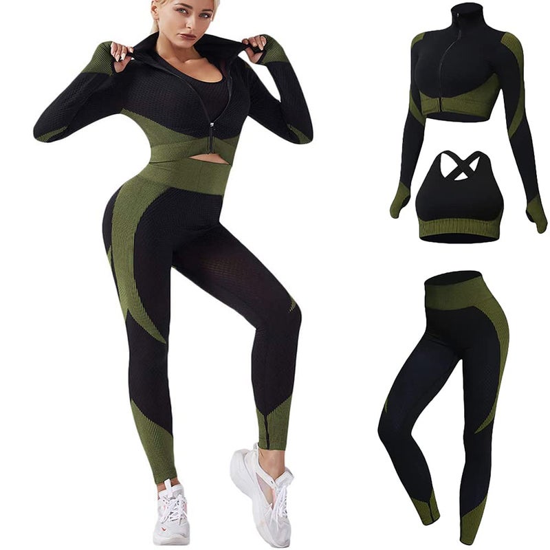 Veriliss 3pcs Seamless Workout Outfit Sets for Women, Gym Clothes Yoga Sportswear Leggings and Stretch Sports Bra Gym jumpsuits Clothes Set (BlackGreen, S) - Image 3