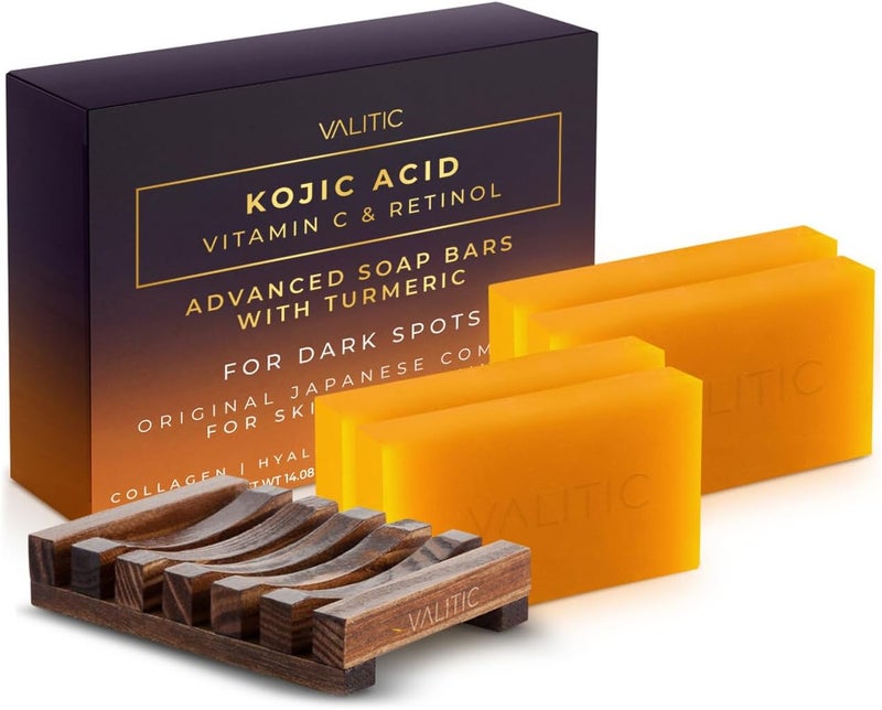 VALITIC Kojic Acid Vitamin C and Retinol Soap Bars with Turmeric for Dark Spot - Original Japanese Complex with Collagen, Hyaluronic Acid, Vitamin E (4 Pack) - with Soap Holder - Image 1