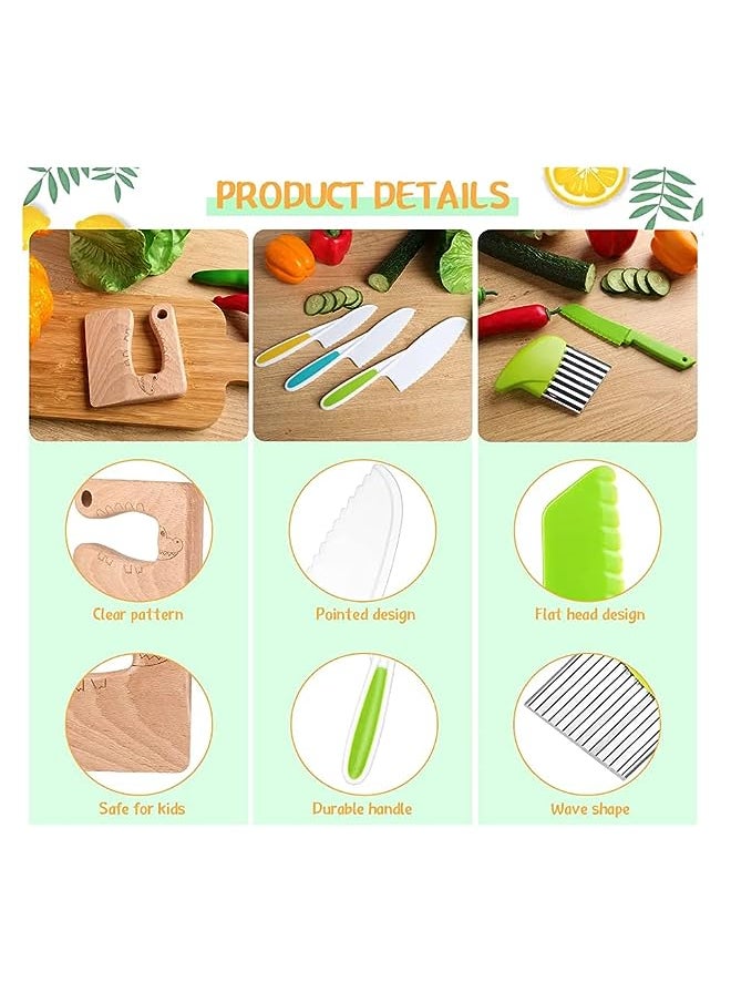 vesus Kids Kitchen Knife Set, 8 Pieces Include Wood Safe Knife, Potato Slicers, Knife Resistant Gloves, Apron, Serrated Edges Toddler Knife, for Real Cutting Fruit, Vegetable, Lettuce Tool(Crocodile)  - Image 3