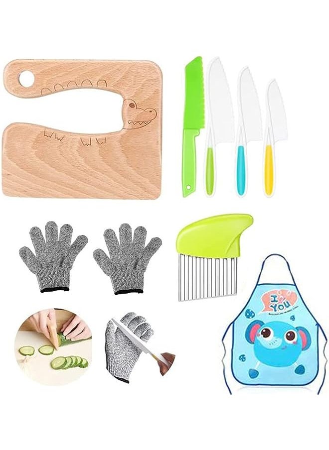 vesus Kids Kitchen Knife Set, 8 Pieces Include Wood Safe Knife, Potato Slicers, Knife Resistant Gloves, Apron, Serrated Edges Toddler Knife, for Real Cutting Fruit, Vegetable, Lettuce Tool(Crocodile)  - Image 1