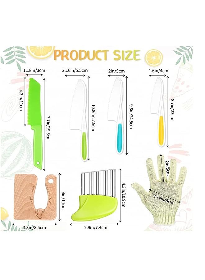 vesus Kids Kitchen Knife Set, 8 Pieces Include Wood Safe Knife, Potato Slicers, Knife Resistant Gloves, Apron, Serrated Edges Toddler Knife, for Real Cutting Fruit, Vegetable, Lettuce Tool(Crocodile)  - Image 2