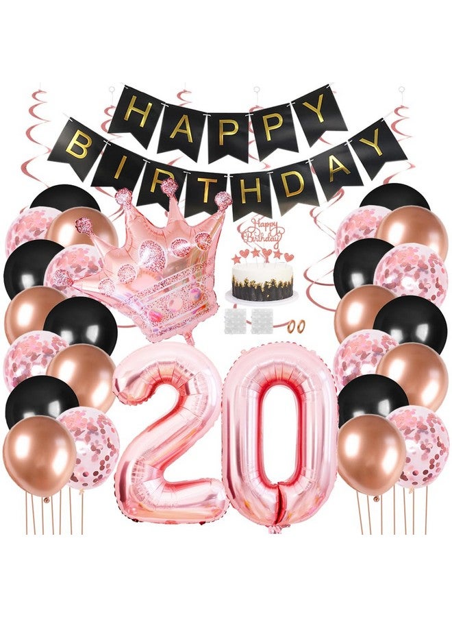 Juland 20Th Birthday Party Decorations Black Gold Rose Happy Birthday Banner Latex Balloon Confetti Balloon Pink Crown 20 Number Foil Balloon Hanging Swirl With Cake Topper For Boy Girl Men Women - Image 1