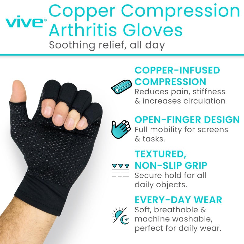Vive Copper Infused Fingerless Arthritis Compression Gloves (Pair) - Relief for Men, Women, Rheumatoid, Swelling, Carpal Tunnel, Tendonitis, Edema, Hand & Finger Pain - Comfortable Non-Slip (Medium) - Image 2