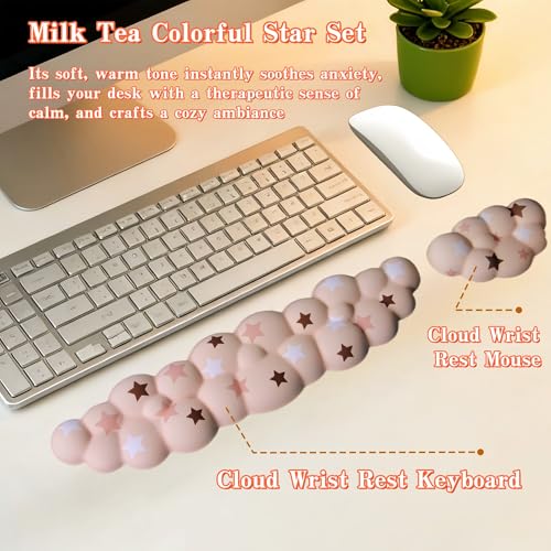 LJYZMD Cloud Wrist Rest Set for Keyboard and Mouse, Includes Cute Coaster, with Computers and Laptops (Milk Tea Colorful Star Set) - Image 3