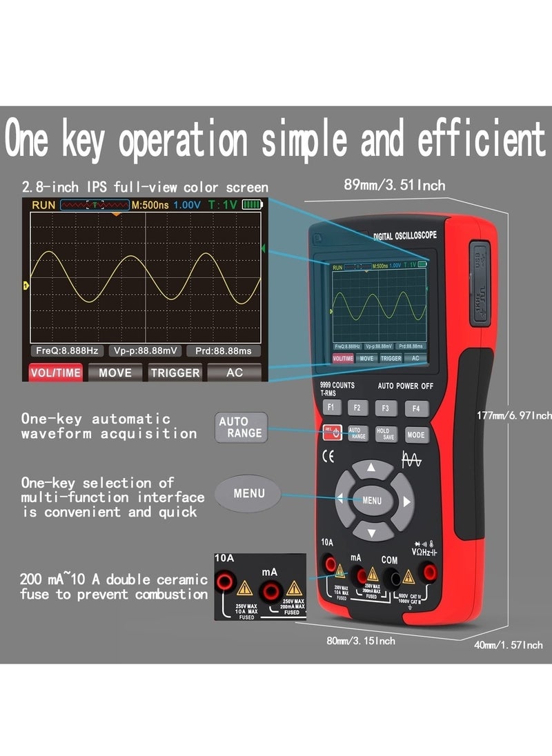 XiuWoo 2 in 1 Oscilloscope Multimeter with 2.8 Inch IPS Display,9999 Counts, Single Channel 10MHZ Bandwidth,48MSa/s High Real-time Sampling Rate,±400V Input Voltage, Measures Ohm Volt Tester  - Image 2