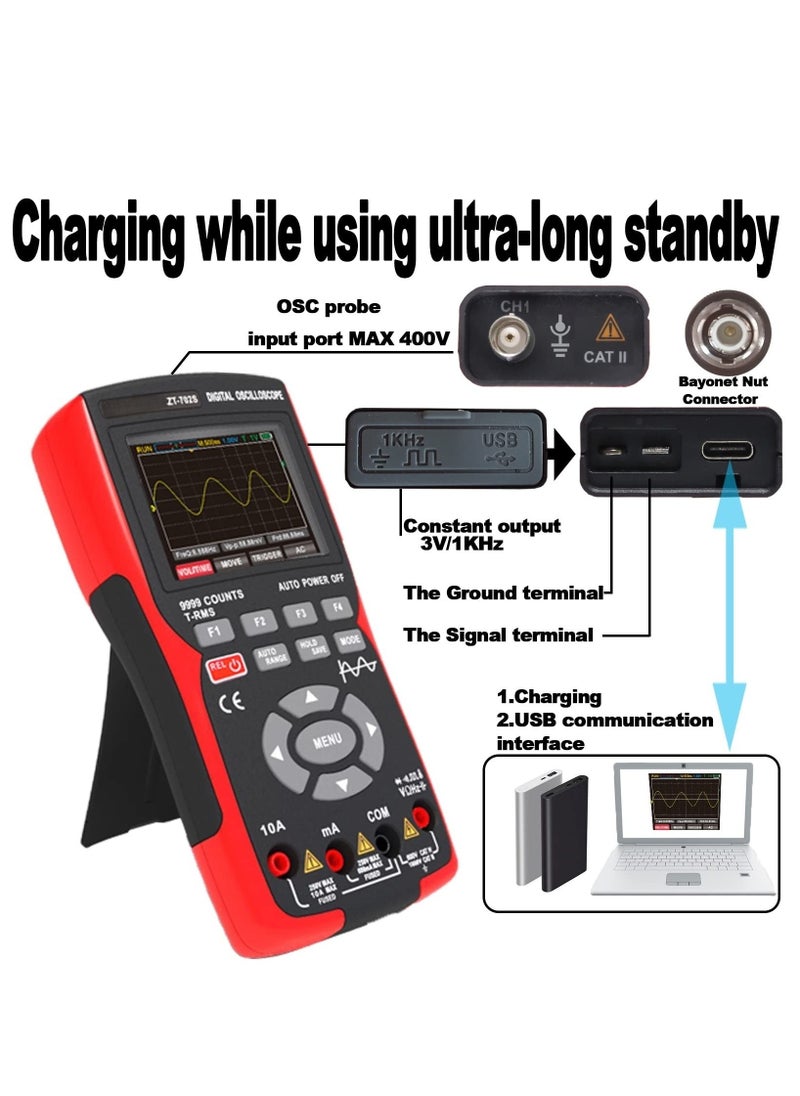 XiuWoo 2 in 1 Oscilloscope Multimeter with 2.8 Inch IPS Display,9999 Counts, Single Channel 10MHZ Bandwidth,48MSa/s High Real-time Sampling Rate,±400V Input Voltage, Measures Ohm Volt Tester  - Image 3