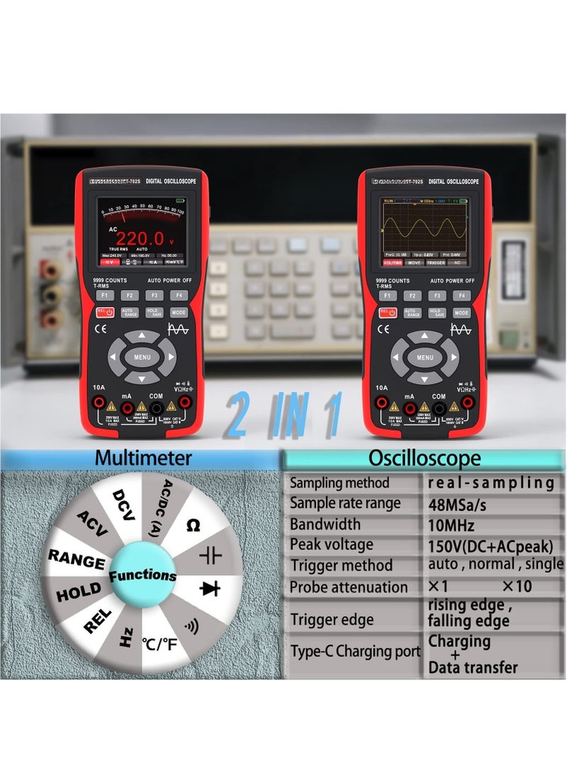 2 in 1 Oscilloscope Multimeter with 2.8 Inch IPS Display,9999 Counts, Single Channel 10MHZ Bandwidth,48MSa/s High Real-time Sampling Rate,±400V Input Voltage, Measures Ohm Volt Tester