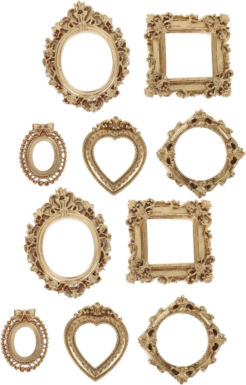 10pcs Retro Gold Mini Picture Frames Assortment for DIY Crafts Jewelry Display, Small Oval, Rectangle, Heart, Square Shapes Tabletop Decoration - Image 1