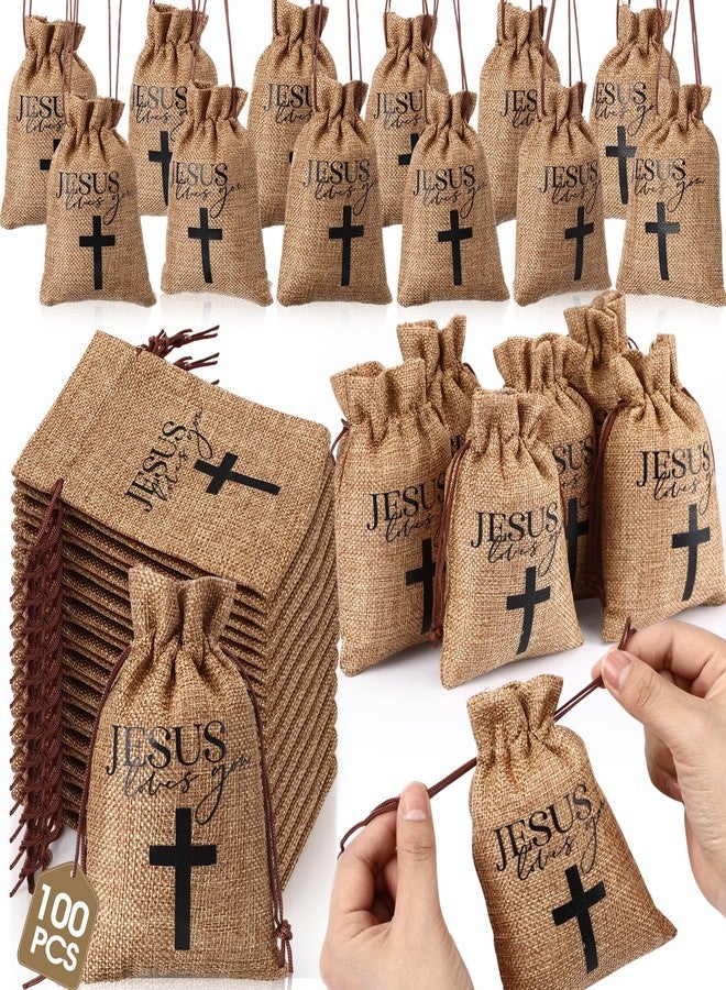 Wesnoy 100 Pcs Jesus Loves You Gift Bags with Drawstring Bulk 4 x 6 Inch Christian Burlap Jute Gift Bags Small Religious Goody Cross Jewelry Pouches for Easter Church Baptism Party Favor - Image 1