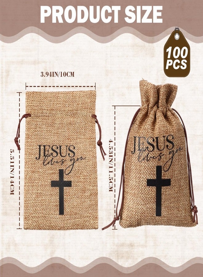 Wesnoy 100 Pcs Jesus Loves You Gift Bags with Drawstring Bulk 4 x 6 Inch Christian Burlap Jute Gift Bags Small Religious Goody Cross Jewelry Pouches for Easter Church Baptism Party Favor - Image 2