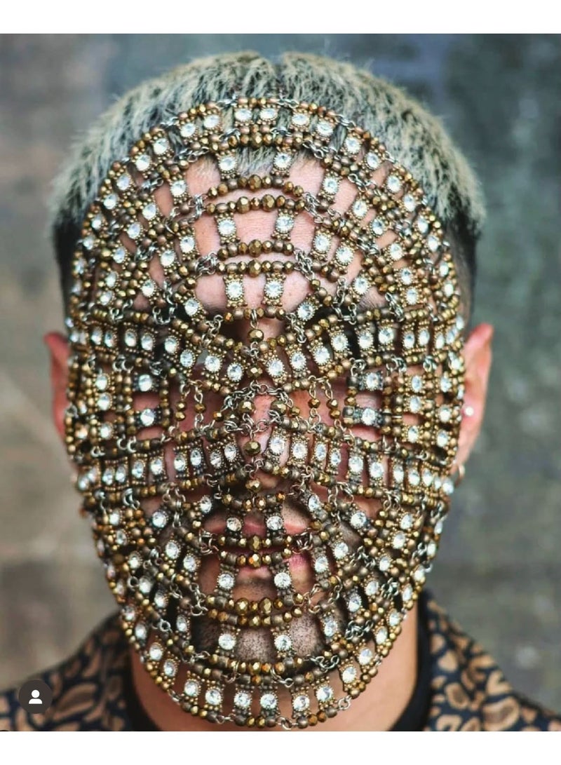 GetmanJewelry Getman Jewelry Full Face Metal Mask, Festival Unisex Face Chain with Rhinestones, Handmade Brass Face Accessory for Performances, Fashion Shoots, and Costume Events - Image 1