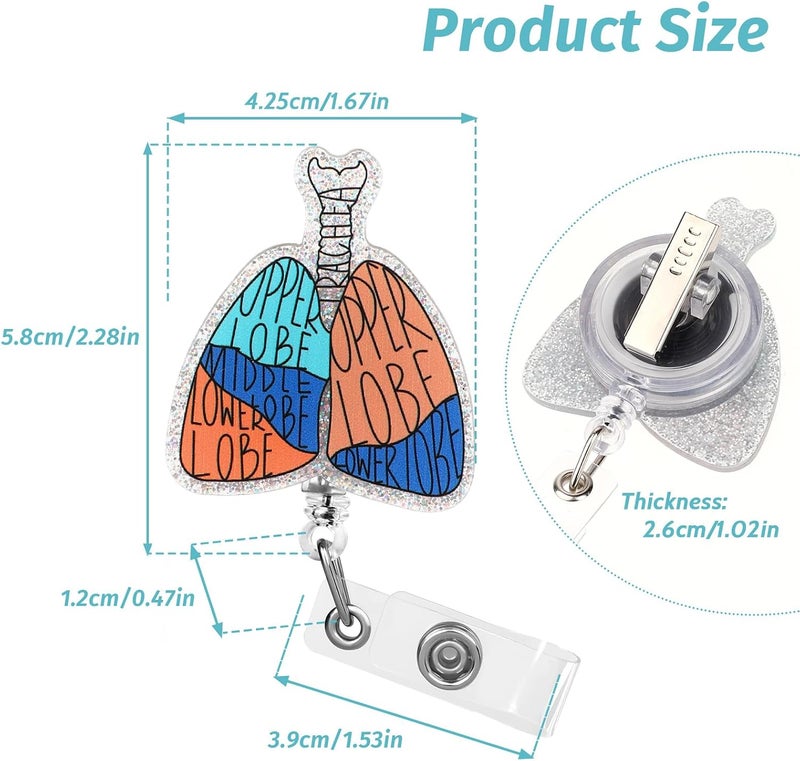 Dimeho Badge Reel Holder Retractable Medical Student ID Clip Glitter Cute Nursing Name Tag Holder Bling Nurse Badge Alligator Clip for Doctor Medical Assistant Clinic Office (Hand Drawn Lungs) Assorted color options - Image 2