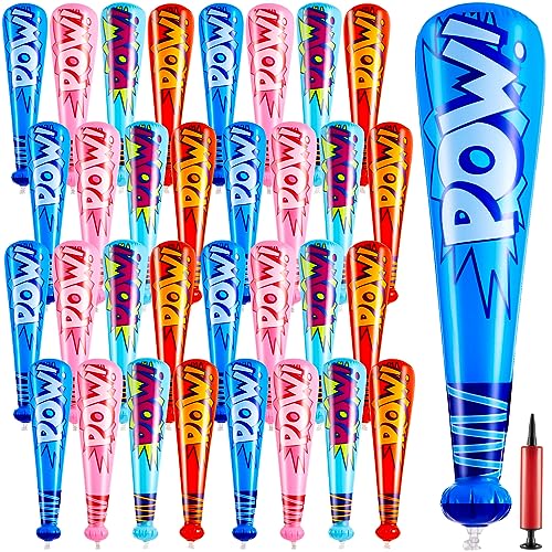 Seematn 32 Pcs Mardi Gras Throws Bulk Pow Inflatable Baseball Bats 17 Inch Inflatable Blow up Bats for Kids Carnival Game Prizes Bulk Carnival Hero Sports Prizes Favors BlueDark BluePinkRed - Image 1