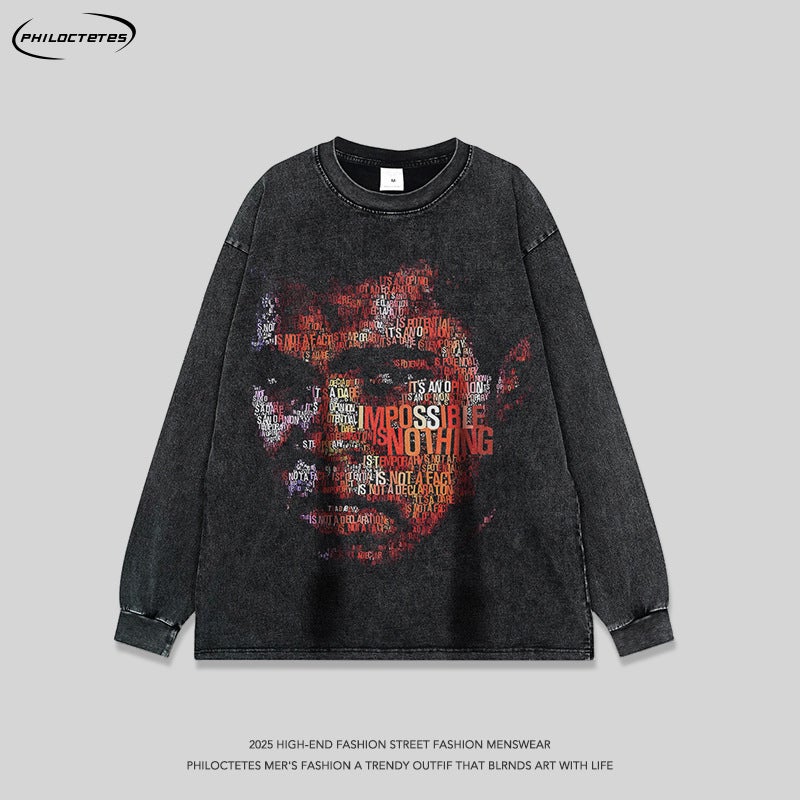 American-Style National Trendy New Round Neck Top Base Men'S Ins Ancient Heavy Wash Water-Made Old Printed Long-Sleeved T-Shirt - Image 2