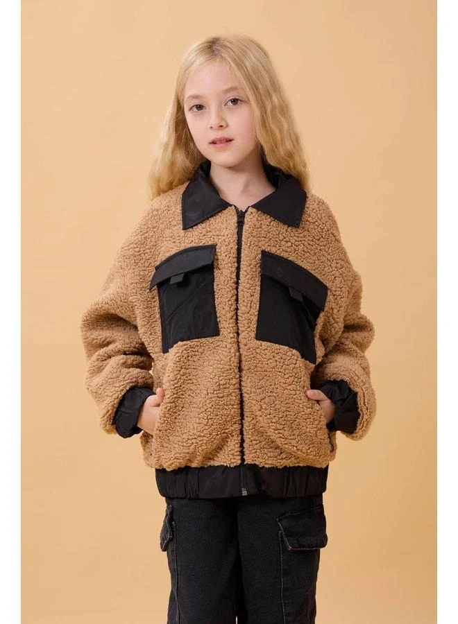 Perendi Girl's Shirt-Collar Pocket Plush Winter Coat – Brown.