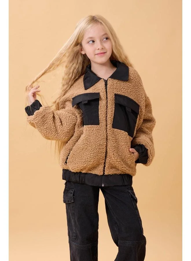 Perendi Girl's Shirt-Collar Pocket Plush Winter Coat – Brown.