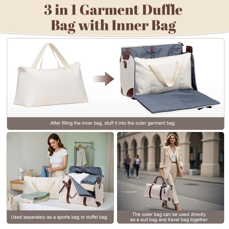 GARPROVM Garment Bags for Travel Women, 3 in 1 Convertible Garment Duffle Bags with Separated Tote Bag, Waterproof Suit Bag Travel Carry On Luggage Weekender Bag for Business Trip, Beige - Image 4
