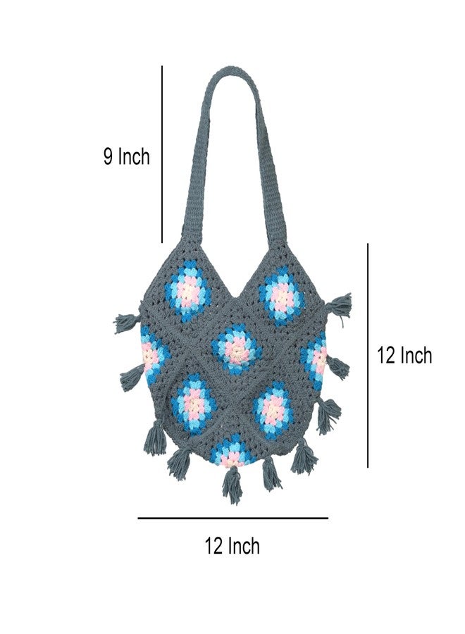 Sutra Handmade Wool Crochet Grey Pastel Bag | Boho Shoulder Purse | Eco-Friendly Reusable Tote Bag | Summer Beach Handbag for Women Girls - Image 2