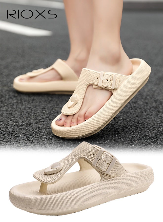 RIOXS Cloud Flip Flops For Men Women, Comfy EVA Thong Sandals, Lightweight Beach Slides Sandals, Unisex Flip Flops With Arch Support, Women's Men's Orthotic Flip-Flop, Adjustable Buckle Flip-Flop Slippers, Non-Slip Bath Shower Slippers, Quick Drying Couple Sandals- Khaki Flip Sandals  - Image 1