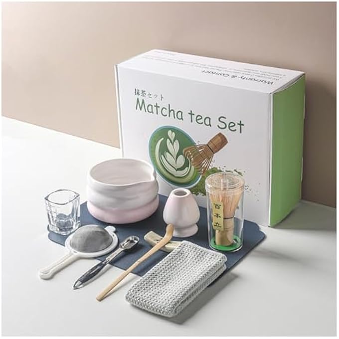 ريحني مجموعة خفاقة ووعاء ماتشا يابانية من 10 قطع من الخيزران، حامل شاي ماتشا، مجموعة أدوات ماتشا، مجموعة هدايا ماتشا، مجموعة مسحوق ماتشا لمحبي الماتشا، صناعة يدوية تقليدية، لون وردي باهت - Image 1