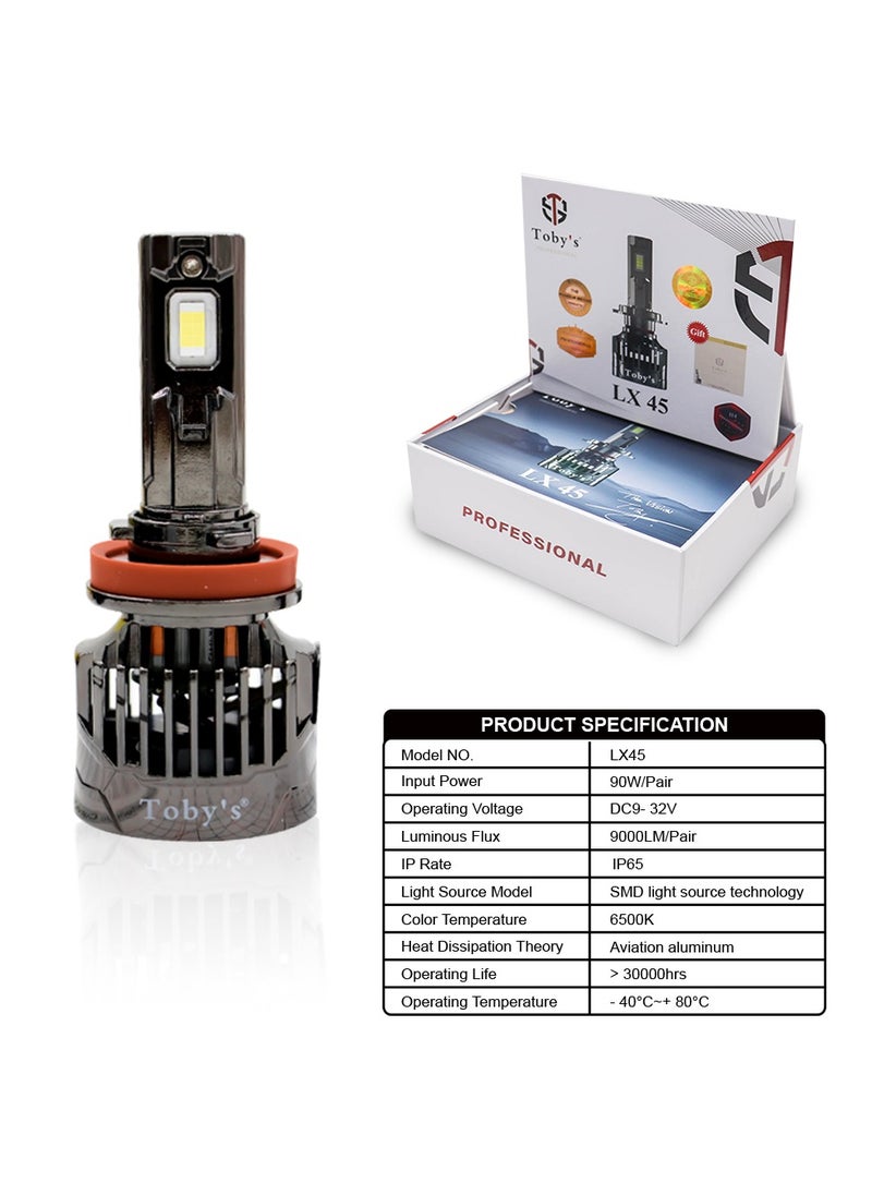 Toby's - Toby's LX45-H11 has 90Watt/Pair Power Original Tested LED Headlight Assembly 9000 Lumens Pair Bright Color With Temperature (6500K) - Image 1