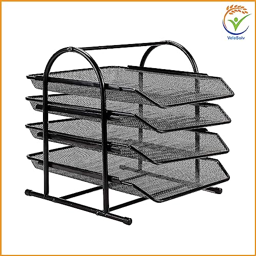 VeleSolv Countertop 4 Tiered Shelf Office Desktop Tray Rack, Mesh Metal Desk Organizer File Rack Letter Tray A4 Papers Documents Holder Desk Organizer For Office (Black) - Image 3