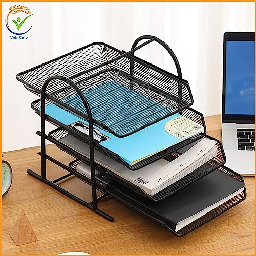 VeleSolv Countertop 4 Tiered Shelf Office Desktop Tray Rack, Mesh Metal Desk Organizer File Rack Letter Tray A4 Papers Documents Holder Desk Organizer For Office (Black) - Image 5