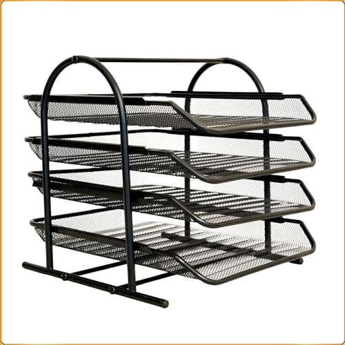 VeleSolv Countertop 4 Tiered Shelf Office Desktop Tray Rack, Mesh Metal Desk Organizer File Rack Letter Tray A4 Papers Documents Holder Desk Organizer For Office (Black) - Image 1