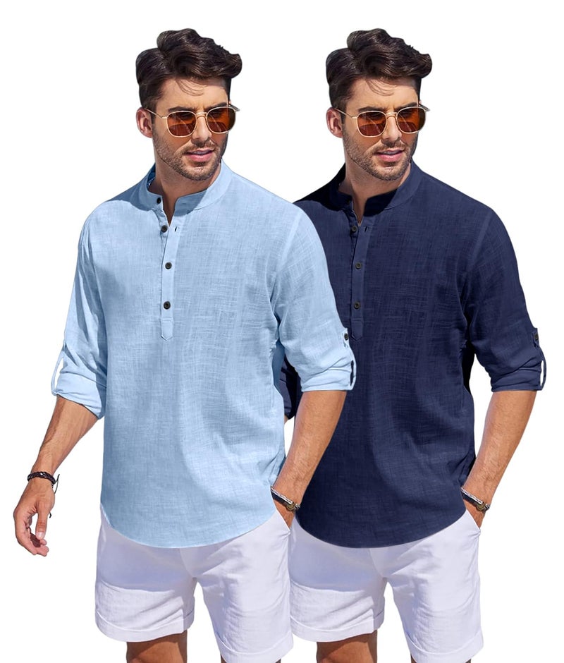 Bellstone Men's Cotton Blend Straight Kurta Shirt Combo with Mandarin Collar - Slim Fit Casual Short Kurti Set Featuring Textured Slub Fabric and Roll-Up Full Sleeves - Image 2
