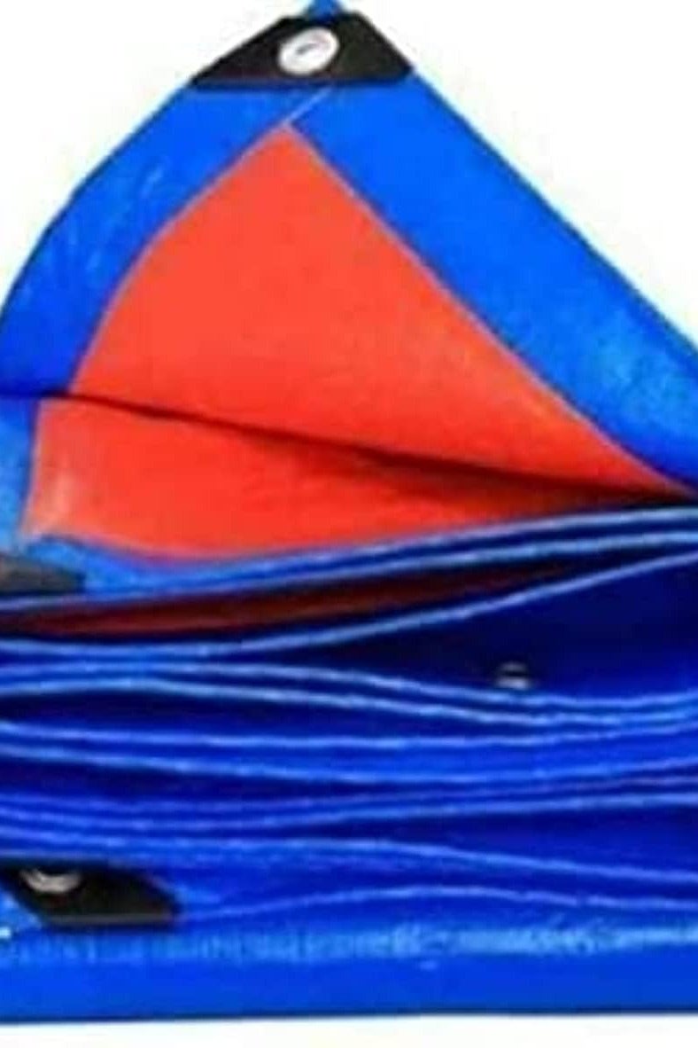 Blue tarpaulin with red lining, protective cover for balconies and gardens. - Image 1