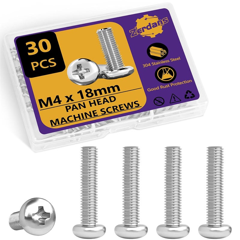 ZerDans M4 x 18mm Machine Screws, 30PCS Pan Head Machine Screws 304 Stainless Steel Metric Assortment, Truss Head Bolts, Full Thread, Phillips Drive for Furniture Repairs and 3D Printer - Image 1