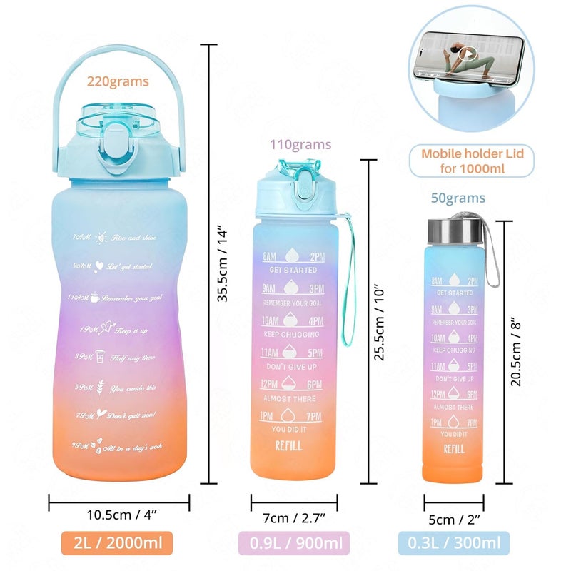 TEKCOOL Water Bottle 3Pcs 2L750ml 300ml Lightweight Leakproof BPAfree Motivational Water Bottle Sipper Time Marker Mobile Holder for Online Gym KidsAdults Office Gradient Plastic - Image 2